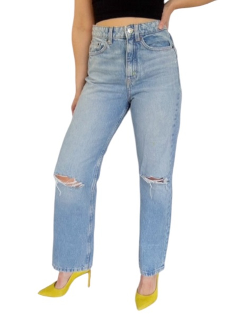 ZARA high rise light wash ripped knee rigid cotton straight leg jeans size 6